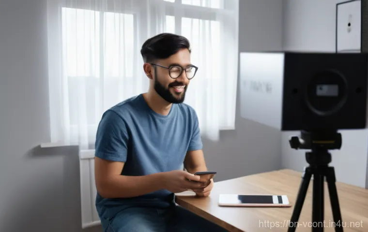 영상콘텐츠 전문가의 업무 사례 공유 - A vibrant illustration of a young, modestly dressed content creator, in their early twenties, sittin...